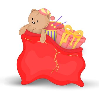 Sacco rosso di natale con regali e giocattoli. simpatica borsa natalizia di babbo natale. isolato su uno sfondo bianco. peluche orsacchiotto.