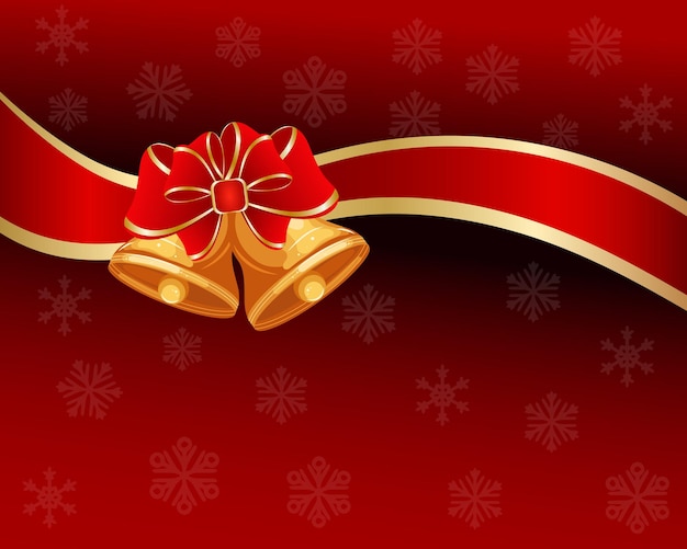 Vector christmas red shiny background with bell, red bow and ribbon on red snowflakes background. print