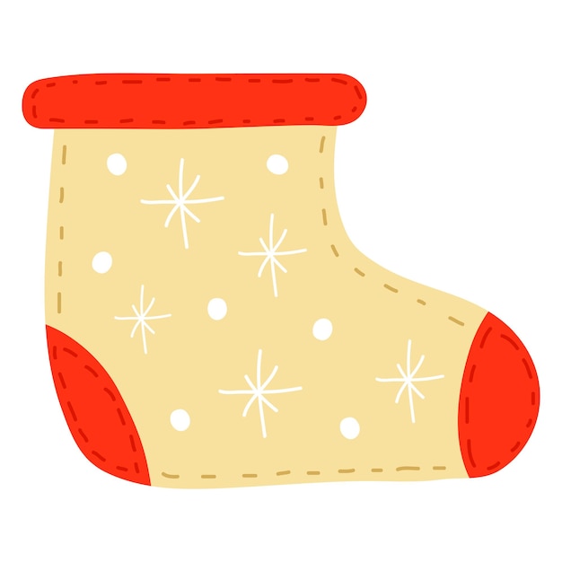 Christmas red sock, boots. With white snowflakes. Sewn with threads along the contour.