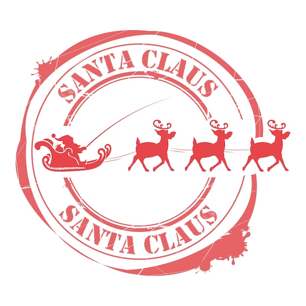 Vector christmas red stamp with santa claus in a sleigh rides on deer