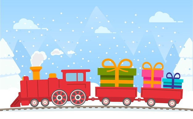 Christmas red steam locomotive with carriages with giftsNew Year's gifts box with a gold ribbon