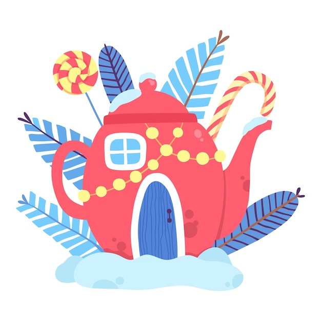 Вектор Рождественский красный чайник домик с иконой конфет. мультфильм квартира рождества красный чайник домик с конфетами вектор значок для веб-дизайна, изолированные на белом фоне