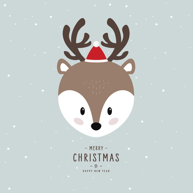 Vector christmas reindeer cute character with santa hat vector snowy background