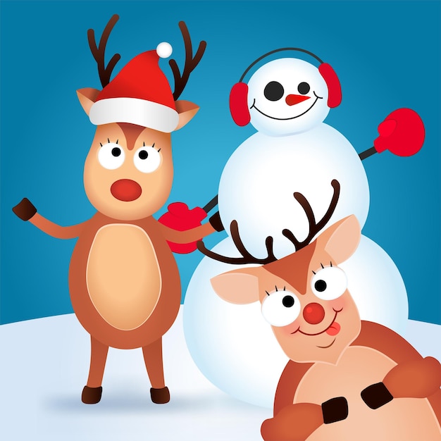 christmas reindeer. cute and funny character deer and snowman. christmas card. vector illustration.