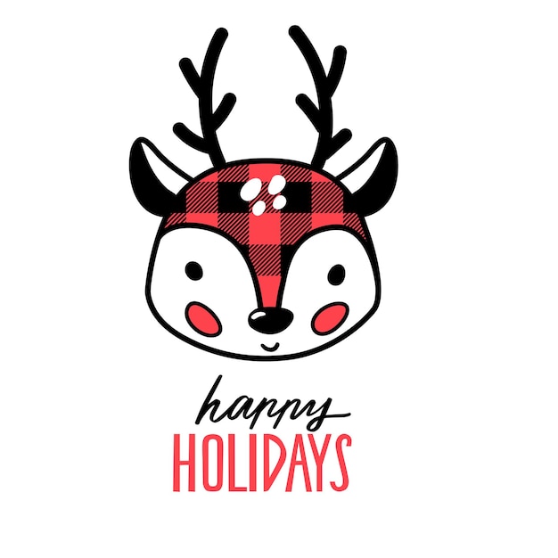 Вектор Рождественский олень, олень или олень векторные иллюстрации с пледом буйвола. мультяшный рождественский дизайн, изолированные на белом. зимняя рисованная печать. счастливых праздников.