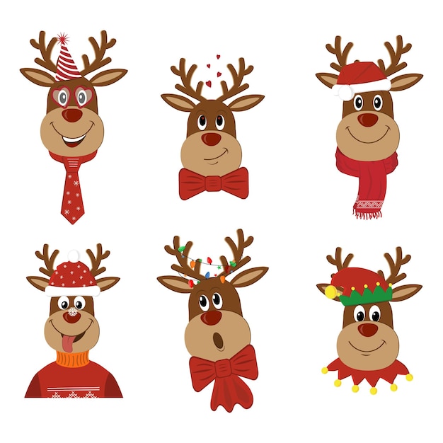 Christmas reindeer in festive outfits.