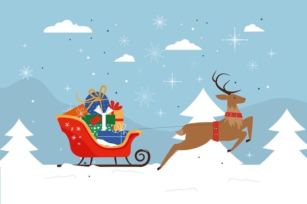 Vector christmas reindeer sleigh design for xmas celebration santa sleigh with piles of presents happy new year winter holidays lovely christmas background with flat style