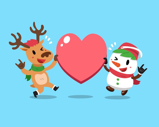 Vector christmas reindeer and snowman with big heart sign