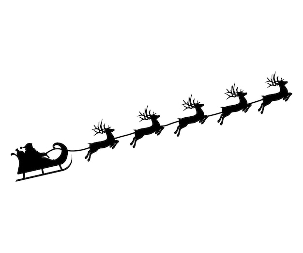 Christmas reindeers are carrying Santa Claus in a sleigh with gifts silhouette on a white background