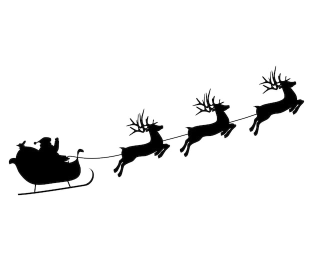 Christmas reindeers are carrying Santa Claus in a sleigh with gifts silhouette on a white background