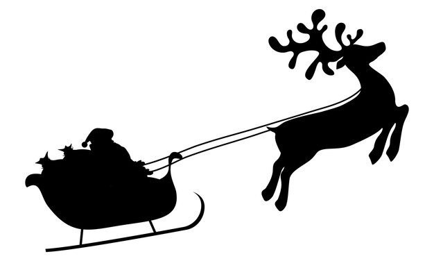 Vector christmas reindeers are carrying santa claus in a sleigh with gifts silhouette on a white background