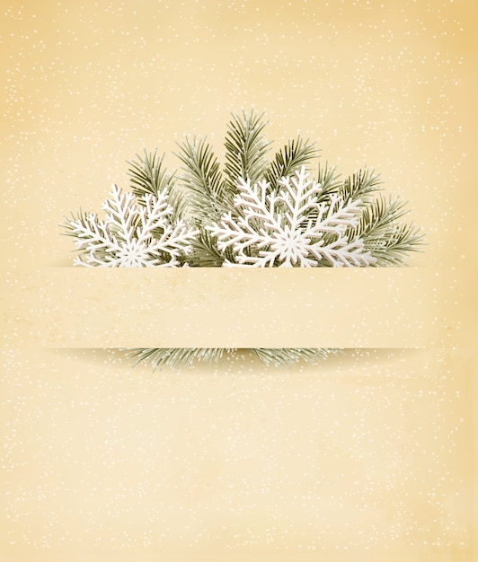 Christmas retro background with tree branches and snowflake