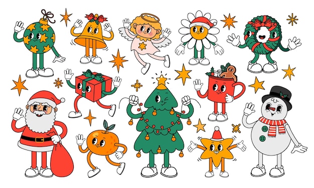 Elemento retrò natalizio cartoon groovy anni '30 simpatici personaggi simboli festivi adesivi di capodanno babbo natale vintage e pupazzo di neve divertente albero mascotte angelo di natale e regalo set vettoriale ghirlanda mandarino