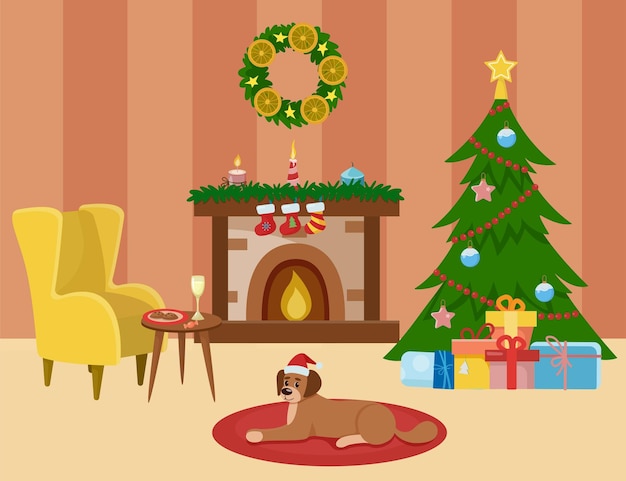 Christmas room interior. Christmas tree and decorations. Gifts and fireplace. Cozy armchair.