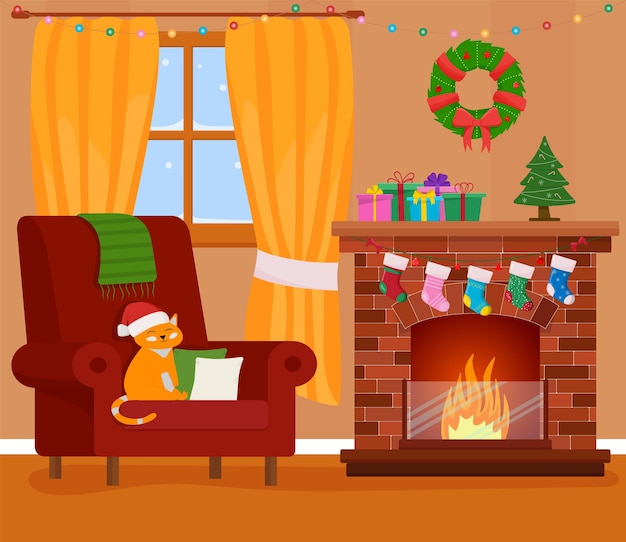 Vector christmas room interior. christmas tree, gift, fireplace and decoration.