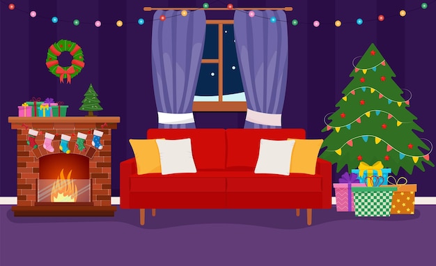 クリスマスルームのインテリア。クリスマスツリー、ギフト、暖炉、装飾。