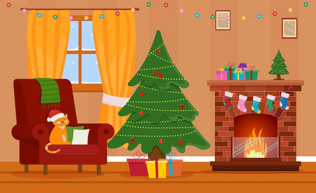 Christmas room interior. Christmas tree, gift, fireplace and decoration