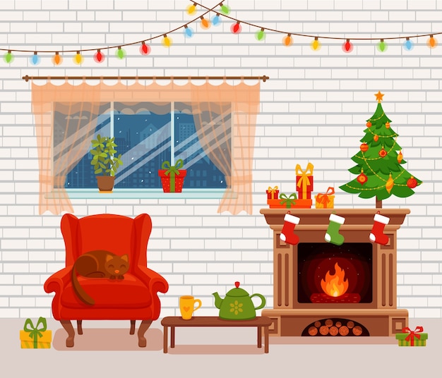 Christmas room interior in colorful cartoon flat style