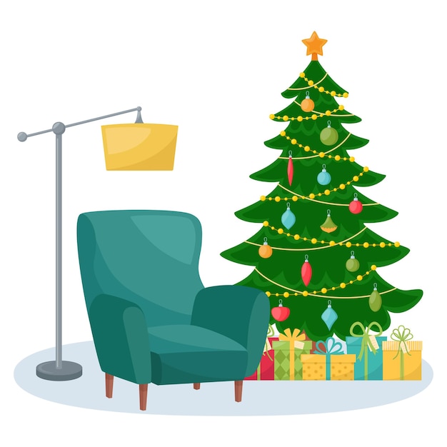Рождественский интерьер комнаты. елка, подарки, кресло и торшер. новогодний оформленный номер. векторная иллюстрация