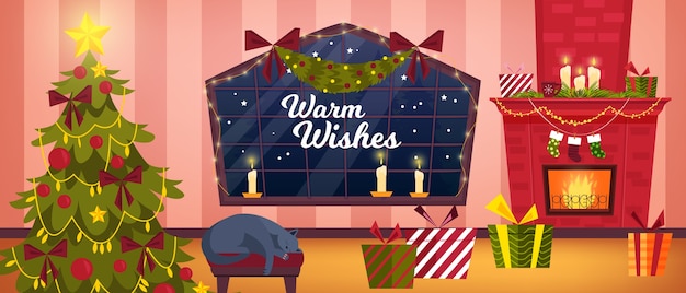 Vector christmas room winter interior with living room, fireplace, x-mas tree, sleeping cat, box with gifts