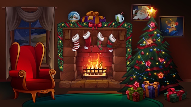 Christmas room with fireplace.  illustration