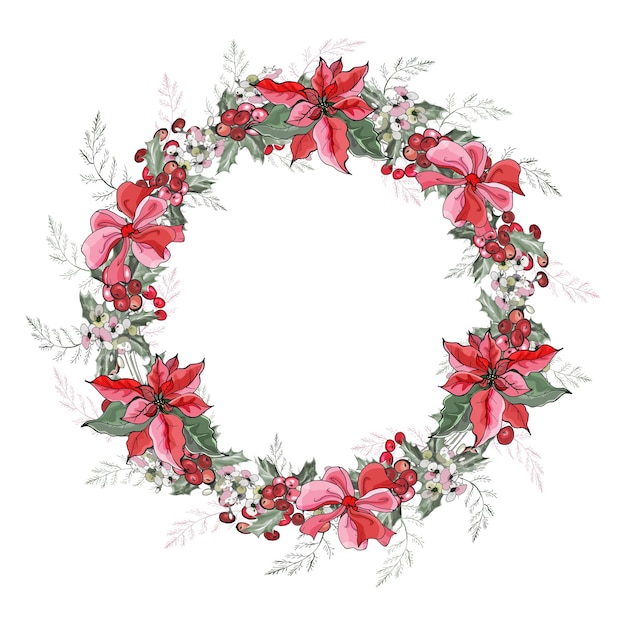 Christmas round frame of pink poinsettia, bows and holly leaves