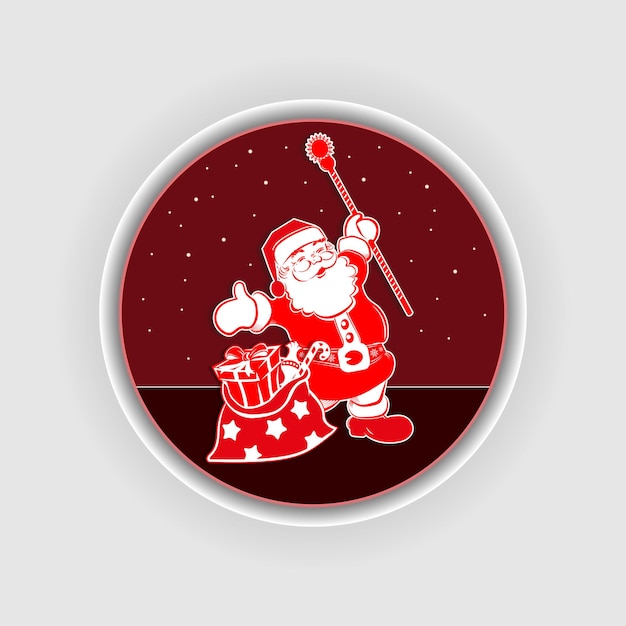 christmas round red white composition with santa claus with staff raised