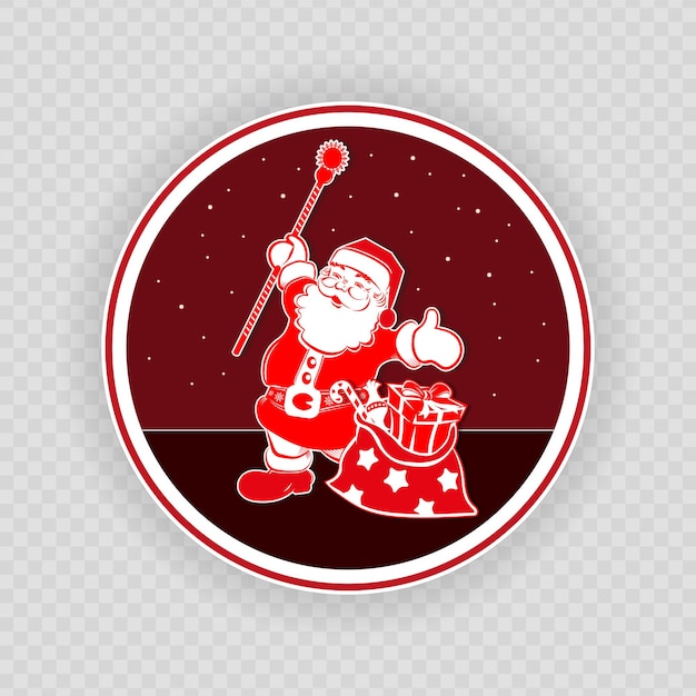 christmas round red white drawing with santa claus with staff and a bag of stars and various gifts