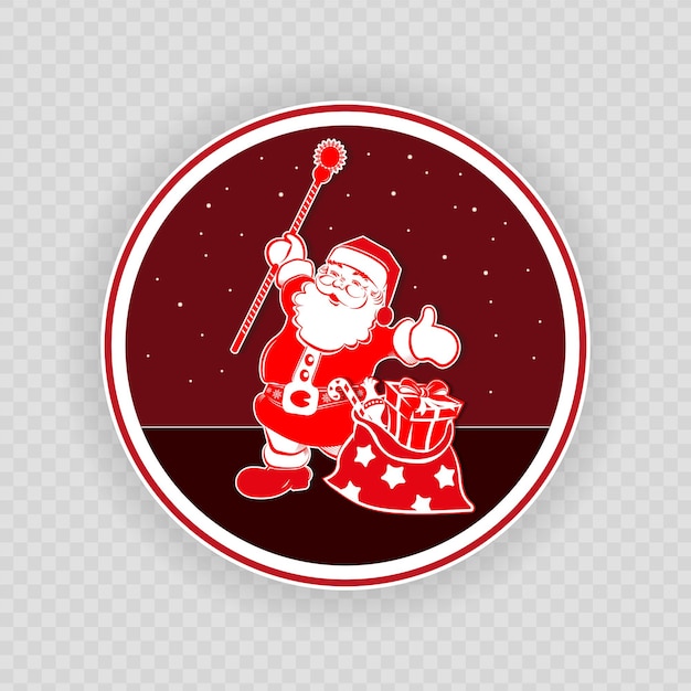 Christmas round red white drawing with Santa Claus with staff and a bag of stars and various gifts