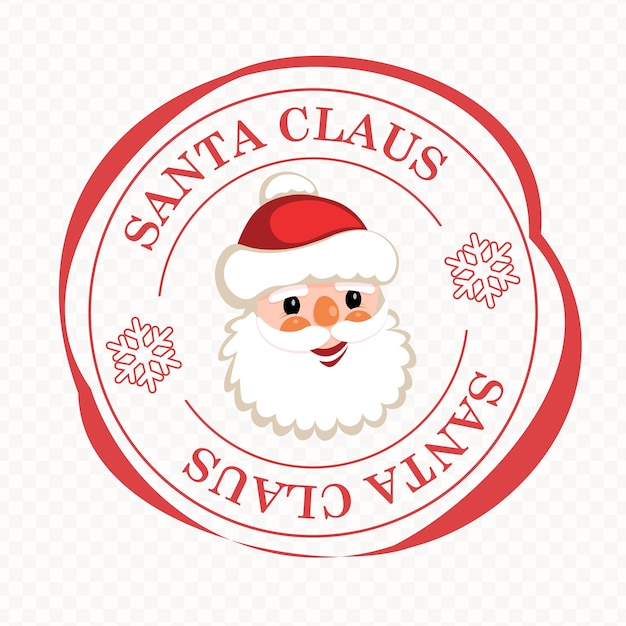 christmas round stamp with silhouette of cute santa claus face with snowflakes and text