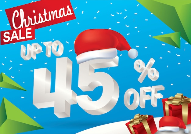 크리스마스 판매 45 %. 모자 산타 클로스와 함께 3d 얼음 텍스트와 함께 겨울 판매 배경