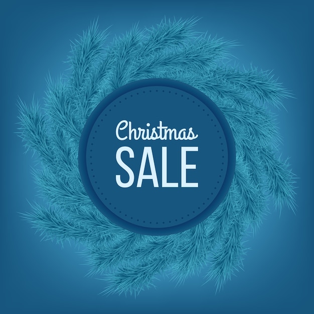 Christmas sale advertising banner decorated with fir branches on blue background