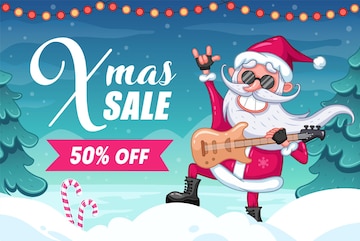Premium Vector | Christmas sale. advertising banner. xmas sale. cool smile  santa claus with electronic guitar and black glasses. winter background  with fir trees and snow. cartoon vector illustration