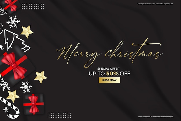 The Christmas sale. Advertising poster for the store. Discounts up to 50 percent. Red banner for website or flyer.