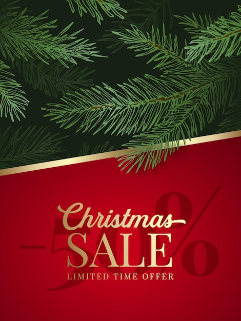 Christmas Sale Advertising Vector Greeting Card or Poster. Pine Branches Background with Promo Banner. Winter Holidays Discount Offer Decoration Template.