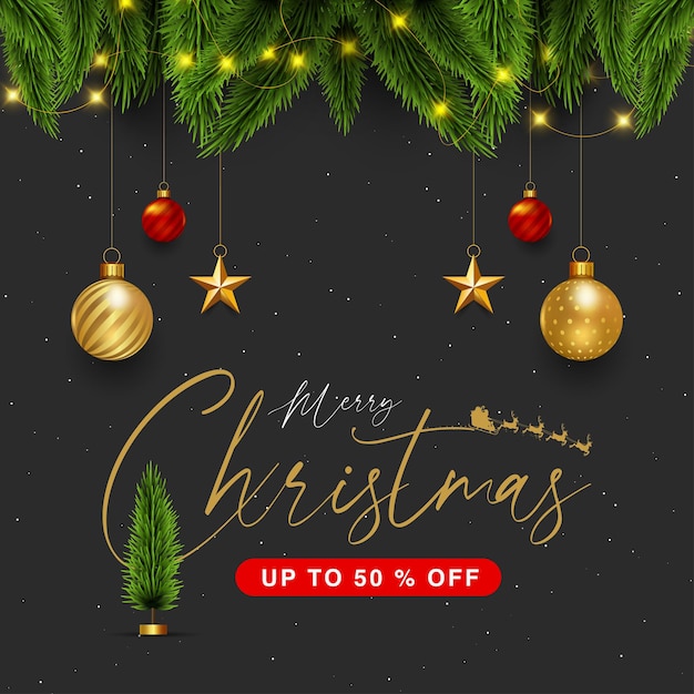 Christmas sale background with red and gold baubles, mistletoe, stars, fir and offer unit