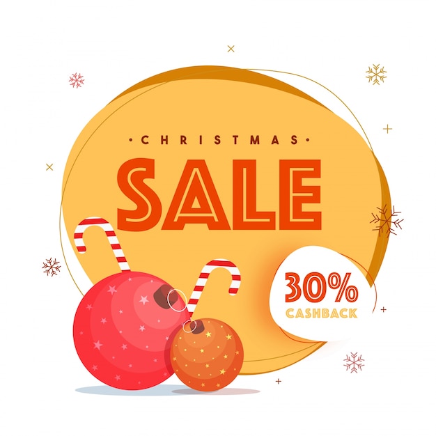 Sfondo di vendita di natale con palle di natale, zucchero filato e offerta sconto del 30%