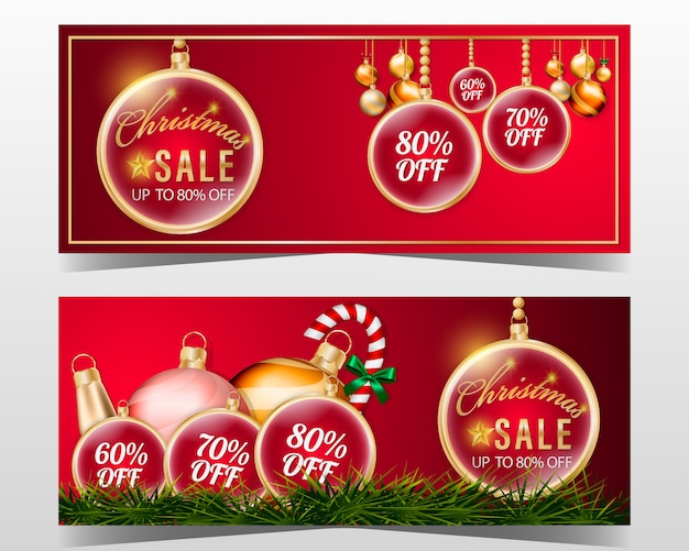 Vector christmas sale banner design set with decoration element and red background.