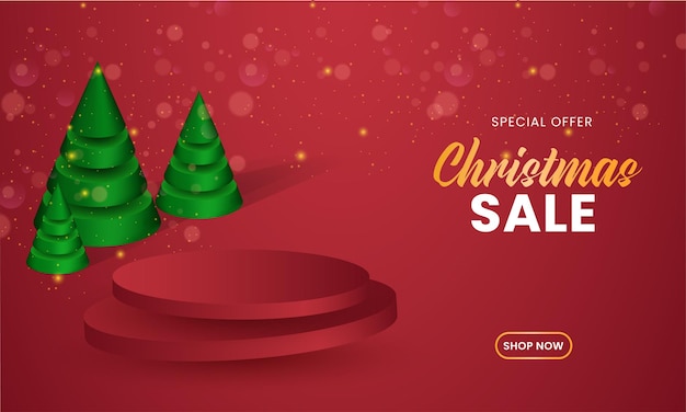 Christmas Sale Banner Design With 3D Green Xmas Tree And Empty Stage On Red Bokeh Lights Effect Background.