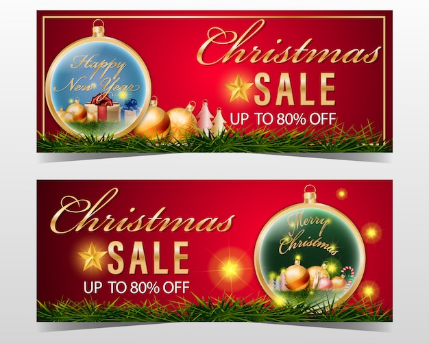 Christmas sale banner set with element on red background.