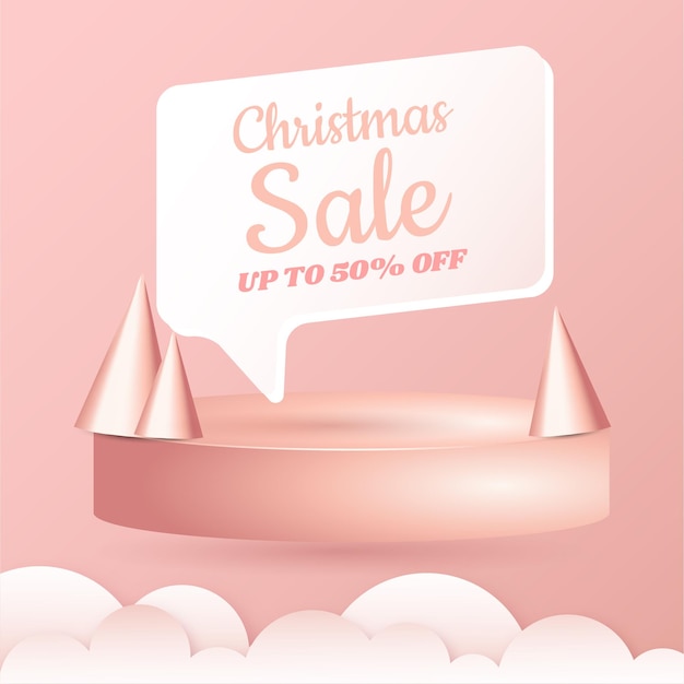 Vector christmas sale banner square promotion with 3d elements pink color