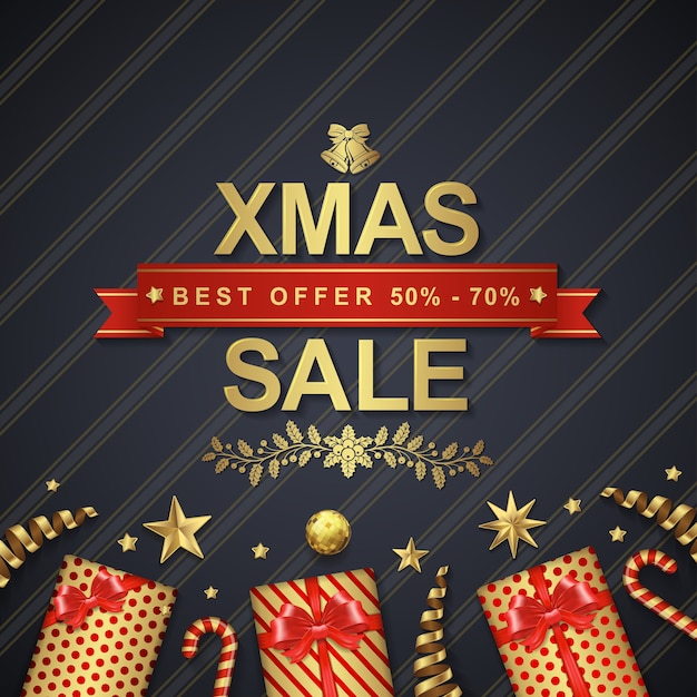 Vector christmas sale banner template glitter balls and gifts