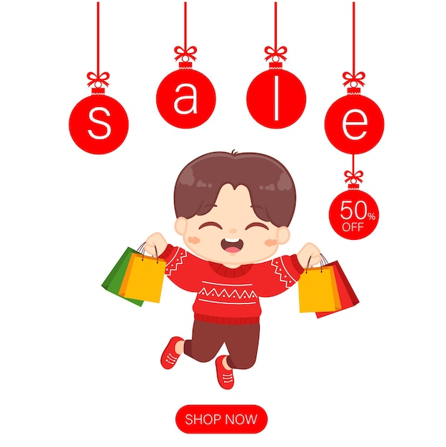 Christmas sale banner with Cute girl christmas carry many shopping bags