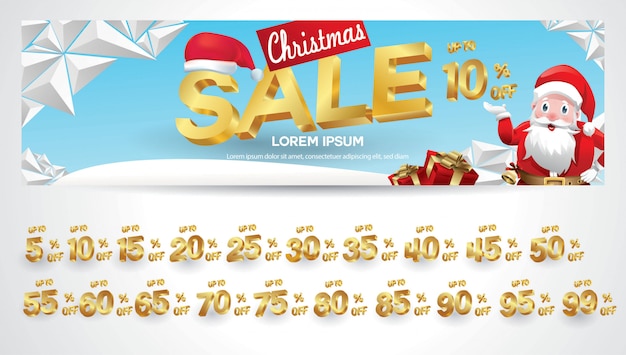 Christmas sale banner with discount tag 10,20,30,40,50,60,70,80,90,99 percent