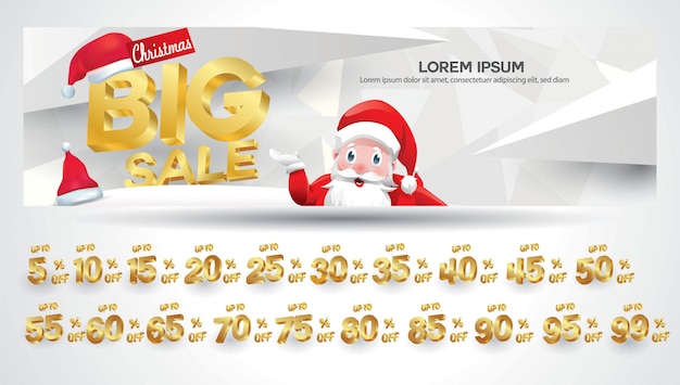 Christmas sale banner with discount tag 10,20,30,40,50,60,70,80,90,99 percent