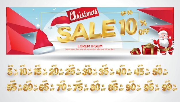 Christmas sale banner with discount tag 10,20,30,40,50,60,70,80,90,99 percent