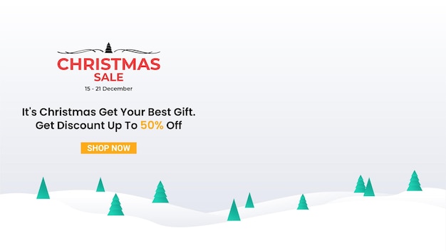 Christmas sale banner with pine trees and snow paper cut style