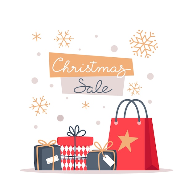 Vector christmas sale banner with snowflakes and gifts