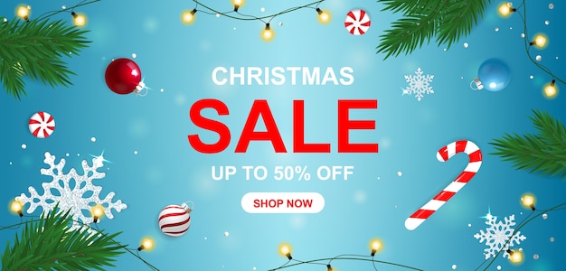 Christmas sale banner with sweets and snowflakes.
