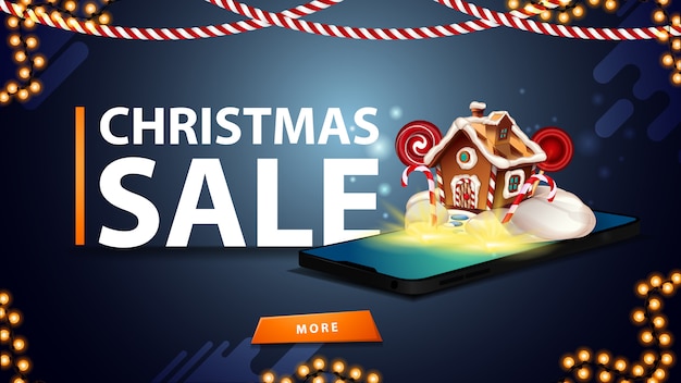 クリスマスジンジャーブレッドの家が表示される画面から花輪、ボタン、スマートフォンを持つウェブサイトのクリスマスセール、青い割引バナー